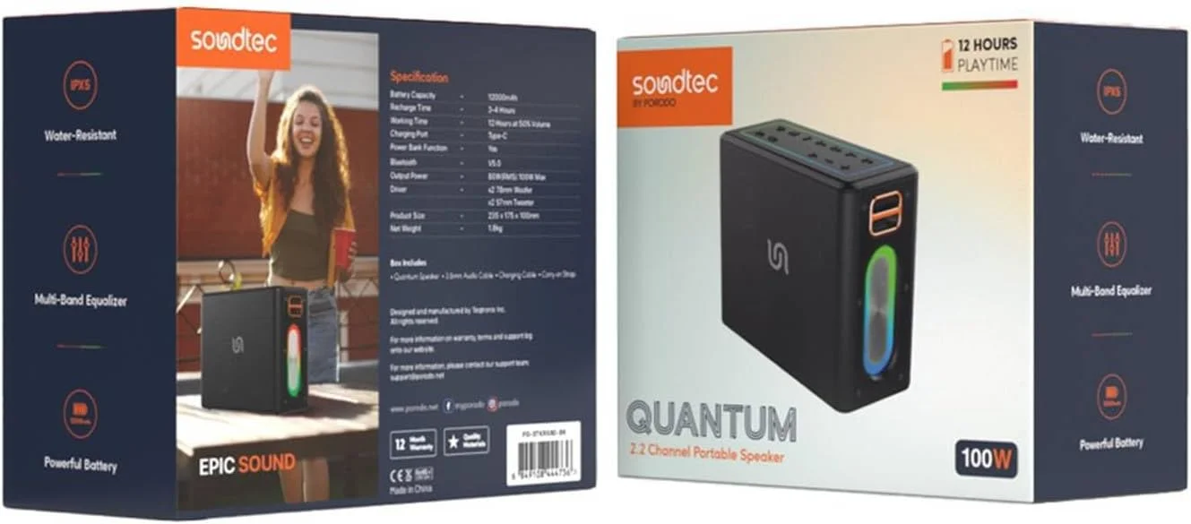 اسپیکر 2.2 کاناله پورتودو Soundtec Quantum، صدای قدرتمند 80 واتی، 12 ساعت پخش، بلوتوث 5.0، عملکرد پاوربانک، مقاوم در برابر آب IPX5، اسپیکر مهمانی - مشکی اسپیکر 2.2 کاناله پورتودو Soundtec Quantum، صدای قدرتمند 80 واتی، 12 ساعت پخش، بلوتوث 5.0، عملکرد پاوربانک، مقاوم در برابر آب IPX5، اسپیکر مهمانی - مشکی