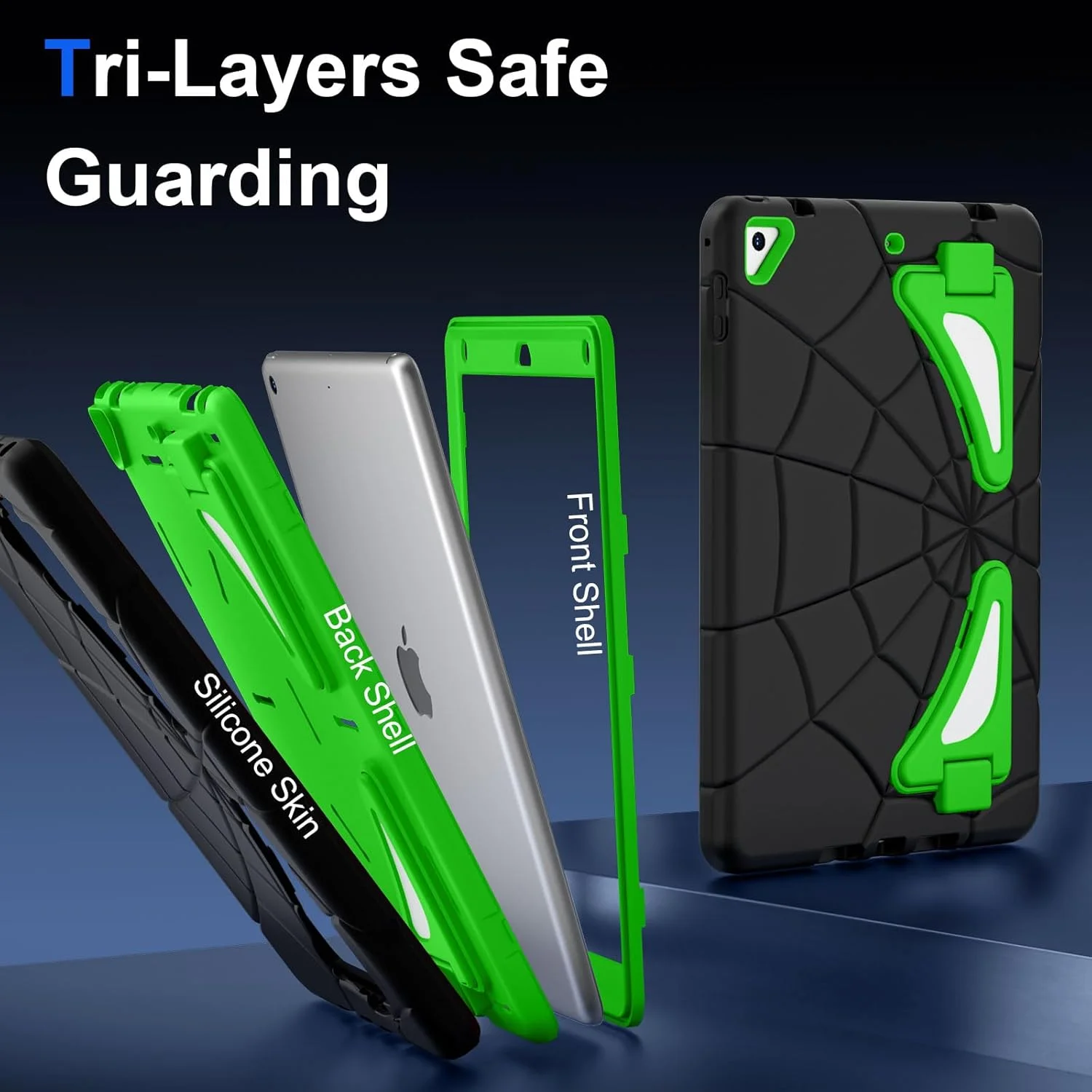 کیف محافظ کودکانه Chstls مناسب برای آیپد نسل 5/6 (9.7 اینچی، 2017/2018)، آیپد پرو 9.7 / ایر 2، پوشش محافظتی مقاوم و ضد ضربه 3 لایه با پایه برای کودکان پسر و دختر - مشکی + سبز