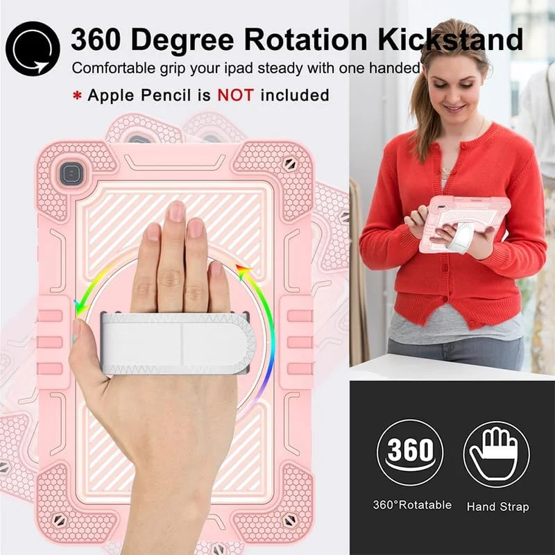 کیف تبلت Nikaque مناسب برای Honor Pad X8 10.1 اینچ، مقاوم و بادوام، سه لایه ضد ضربه، دارای پایه چرخان 360 درجه، همراه با بند دستی و بند شانه، تماما صورتی