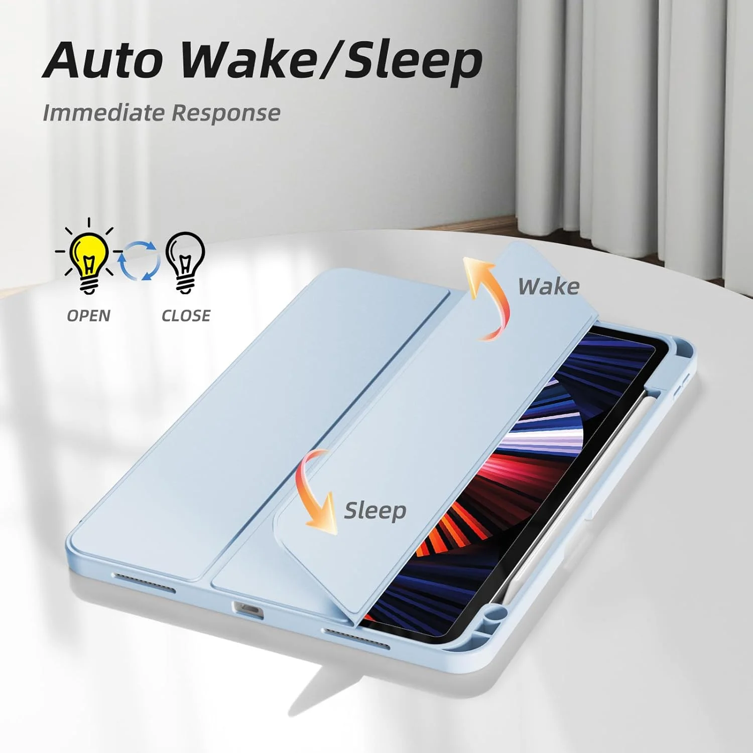 کیف آیپد پرو 11 اینچ KVTVOU مدل 2022 (نسل 4)/2021 (نسل 3)/2020 (نسل 2) با جای قلم، کاور سه تایی باریک و هوشمند، پشتیبانی از شارژ قلم و حالت خواب/بیدار خودکار، آبی آسمانی