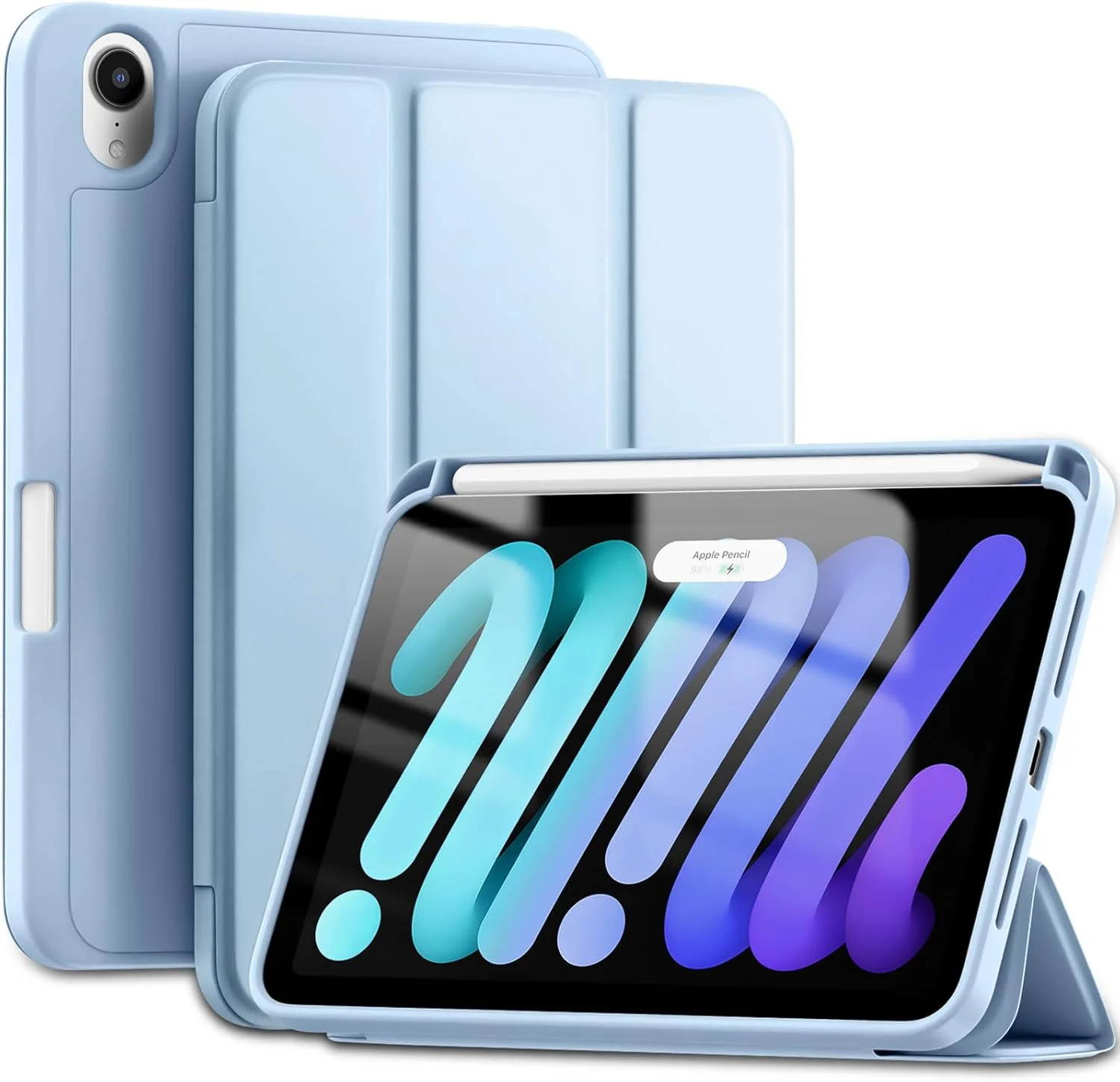 کیف Wenlaty برای آیپد مینی 7 مدل 2024 (A17 Pro)، برای آیپد مینی نسل 7/6 اینچی 8.3 اینچی 2024/2021 با جای مداد، کاور سه تایی باریک با پشت TPU نرم، کاور با قابلیت خواب/بیدار شدن خودکار، آبی آسمانی