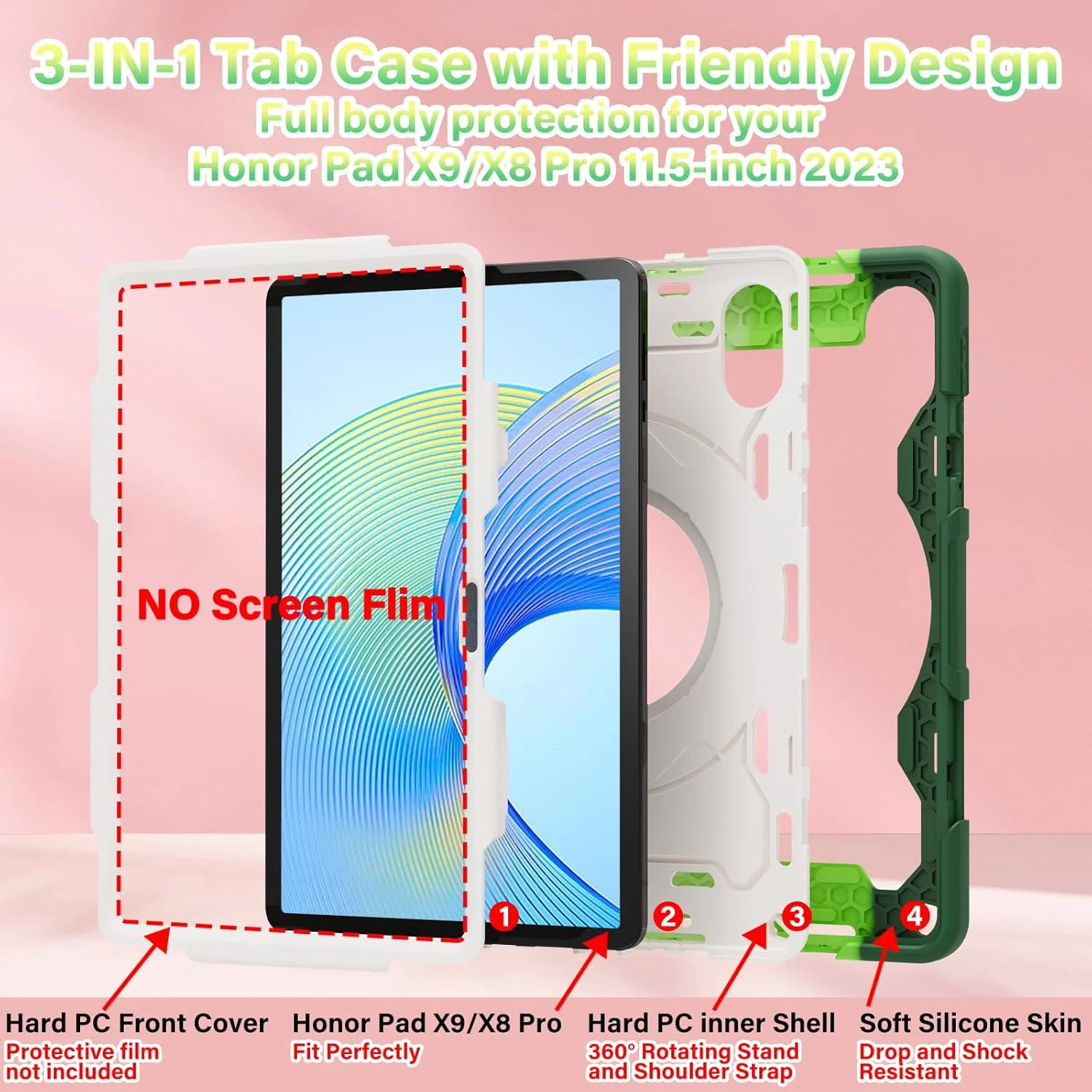 کاور محافظ سنگین ROISKIN برای تبلت آنر پد X9 11.5 اینچ 2023 و آنر پد X8 پرو، دارای جای قلم، پایه چرخان و بند شانه، سبز