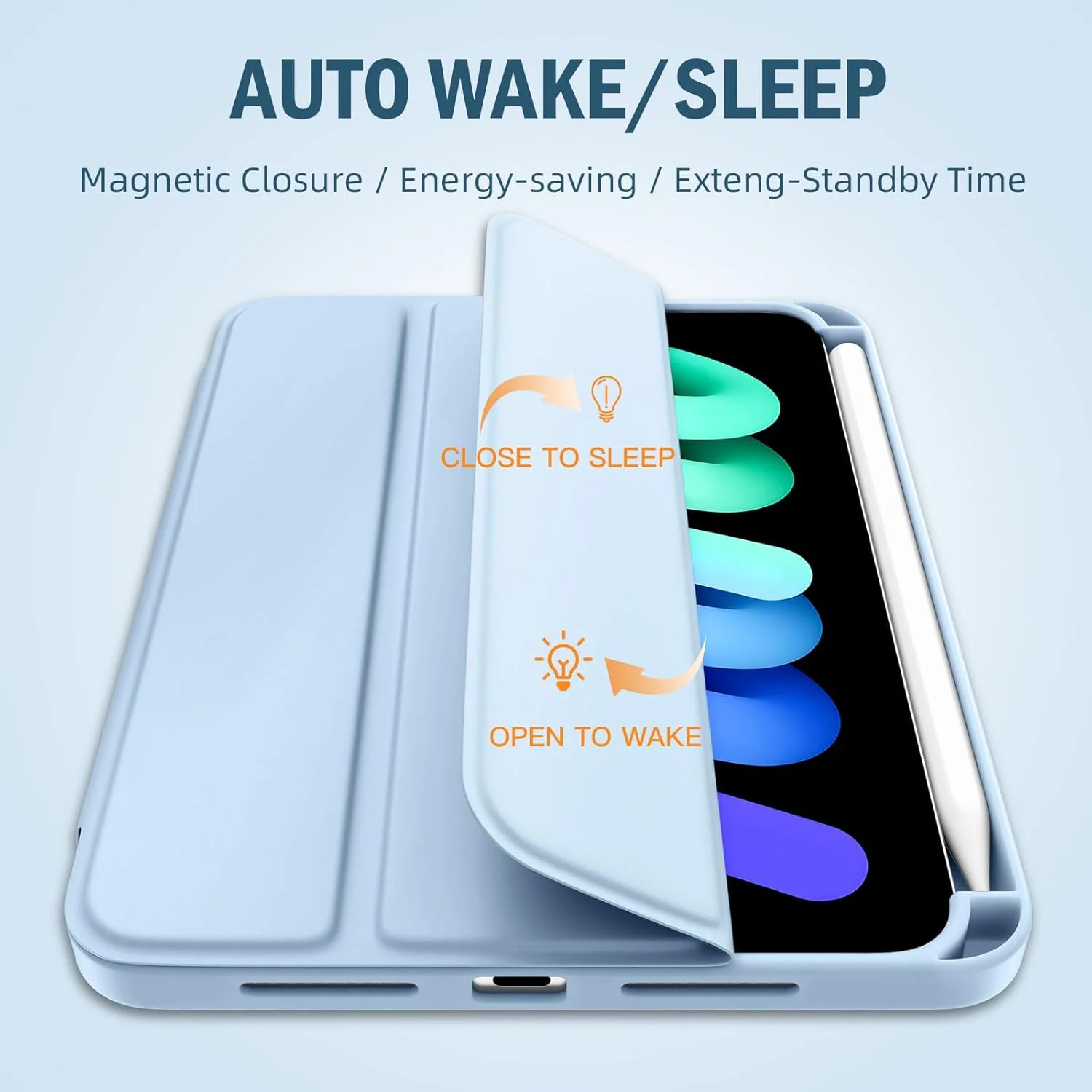 کیف Wenlaty برای آیپد مینی 7 مدل 2024 (A17 Pro)، برای آیپد مینی نسل 7/6 اینچی 8.3 اینچی 2024/2021 با جای مداد، کاور سه تایی باریک با پشت TPU نرم، کاور با قابلیت خواب/بیدار شدن خودکار، آبی آسمانی