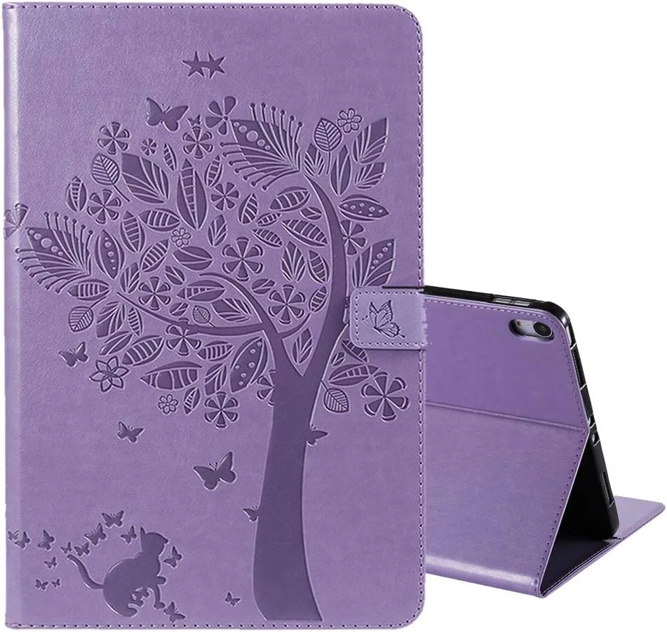 کیف چرمی LEMORRY برای Apple iPad Pro 11 اینچ 2018، کیف پول تاشو، باریک، ضربه گیر، پایه مغناطیسی، جای کارت، روکش محافظ TPU نرم برای تبلت iPad Pro 11 اینچ 2018، طرح درخت شانس (بنفش)
