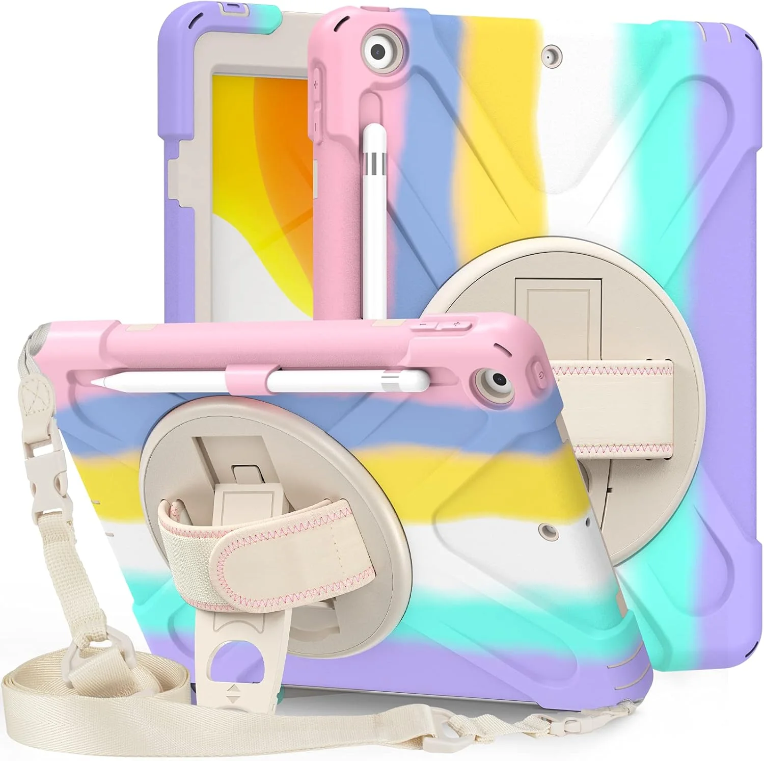 کاور 2ndSpring مناسب برای آیپد نسل 8 و 7 با صفحه نمایش 10.2 اینچ مدل 2020 و 2019، کاور محافظتی مقاوم در برابر ضربه با پایه چرخان، پودر رنگی