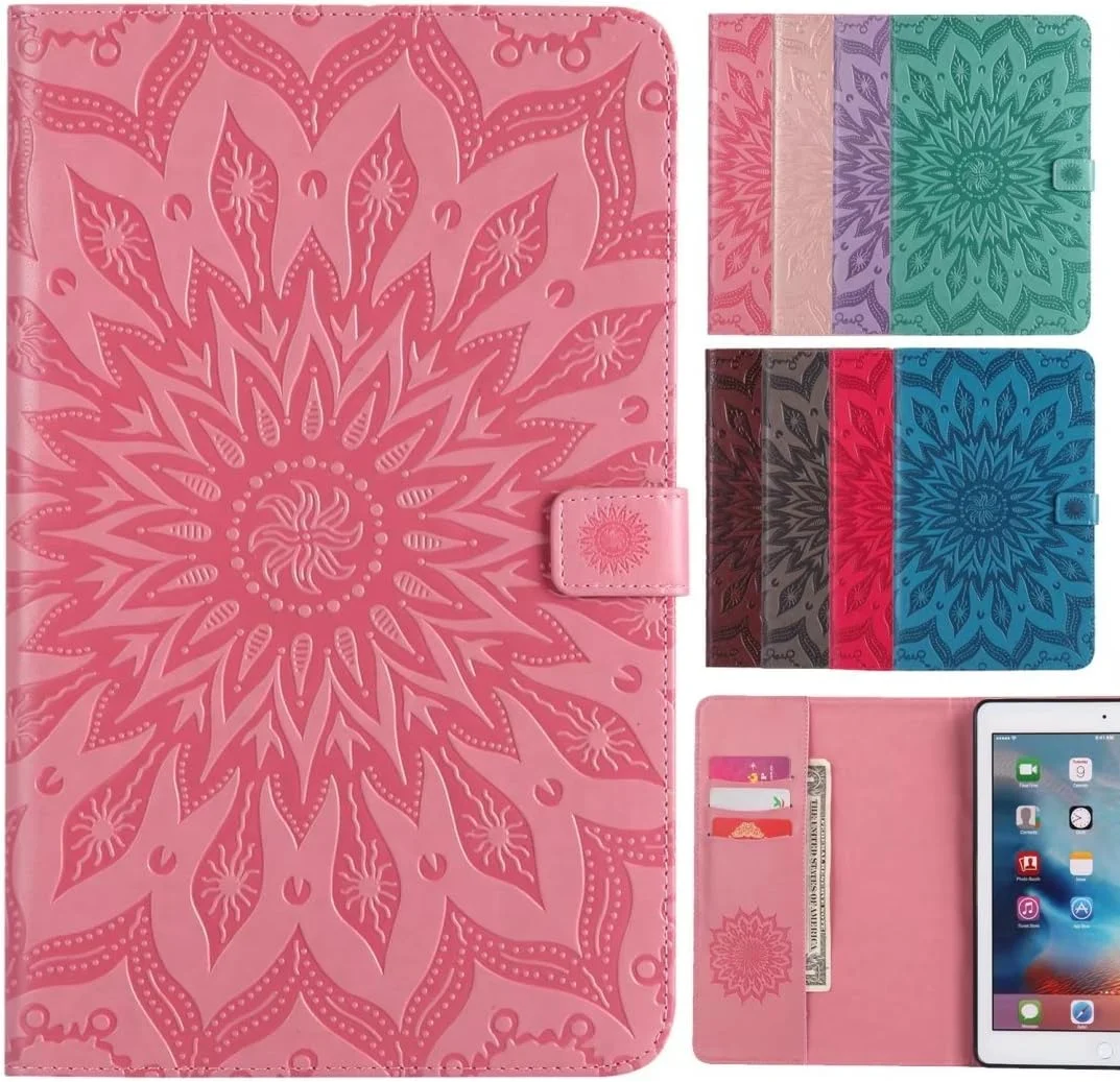 کیف چرمی تاشو LEMORRY مناسب آیپد 9.7 اینچی اپل (2017)، کیف پول باریک با محافظ ضربه گیر، بند مغناطیسی، استند و جای کارت، پوشش محافظ TPU نرم برای آیپد 9.7 اینچی اپل (2017)، طرح شکوفه (صورتی)