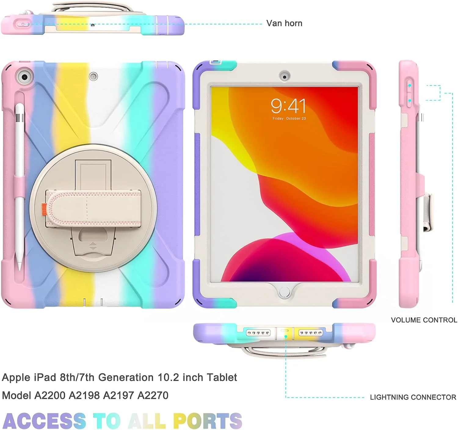 کاور 2ndSpring مناسب برای آیپد نسل 8 و 7 با صفحه نمایش 10.2 اینچ مدل 2020 و 2019، کاور محافظتی مقاوم در برابر ضربه با پایه چرخان، پودر رنگی