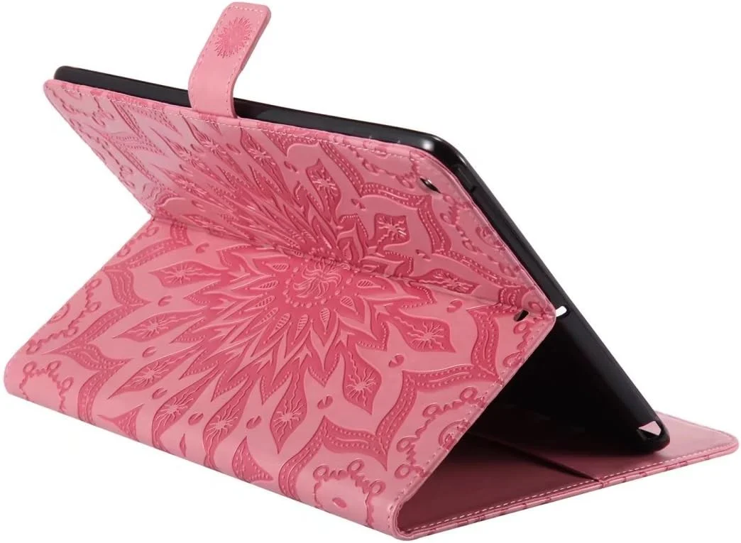 کیف چرمی تاشو LEMORRY مناسب آیپد 9.7 اینچی اپل (2017)، کیف پول باریک با محافظ ضربه گیر، بند مغناطیسی، استند و جای کارت، پوشش محافظ TPU نرم برای آیپد 9.7 اینچی اپل (2017)، طرح شکوفه (صورتی)