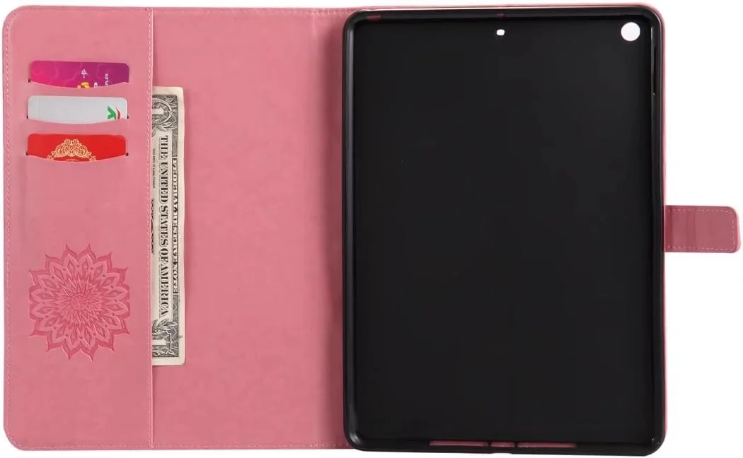 کیف چرمی تاشو LEMORRY مناسب آیپد 9.7 اینچی اپل (2017)، کیف پول باریک با محافظ ضربه گیر، بند مغناطیسی، استند و جای کارت، پوشش محافظ TPU نرم برای آیپد 9.7 اینچی اپل (2017)، طرح شکوفه (صورتی)