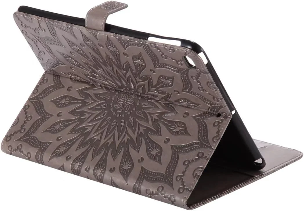 کیف چرمی تاشو تبلت LEMORRY مناسب آیپد ایر/آیپد 5، محافظ باریک و ضربه گیر با بند مغناطیسی، دارای جای کارت، پوشش هولستر TPU نرم برای Apple ipad Air/ipad 5، طرح شکوفه (خاکستری)