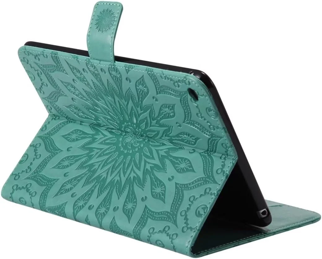 کیف چرمی تاشو LEMORRY مناسب آیپد مینی 4 اپل، محافظ باریک با ضربه گیر، بند مغناطیسی، استند، جای کارت، پوشش محافظ TPU نرم، طرح شکوفه (سبز)