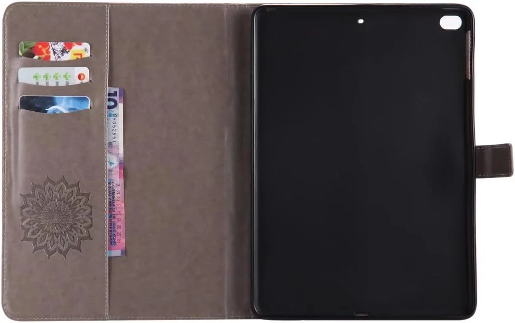 کیف چرمی تاشو تبلت LEMORRY مناسب آیپد ایر/آیپد 5، محافظ باریک و ضربه گیر با بند مغناطیسی، دارای جای کارت، پوشش هولستر TPU نرم برای Apple ipad Air/ipad 5، طرح شکوفه (خاکستری)