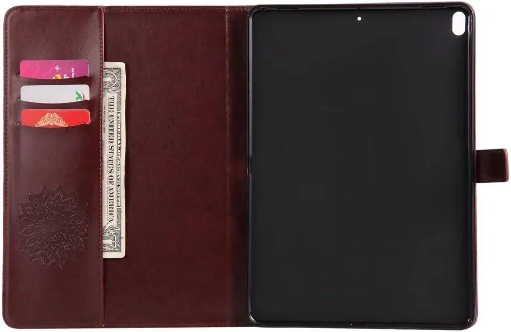 کیف چرمی تبلت LEMORRY Apple iPad Pro 10.5 اینچی، کیف پول تاشو، محافظ باریک، بند مغناطیسی، استند، جای کارت، کاور TPU نرم، مناسب برای Apple iPad Pro 10.5 اینچی، طرح شکوفه (قهوه ای)