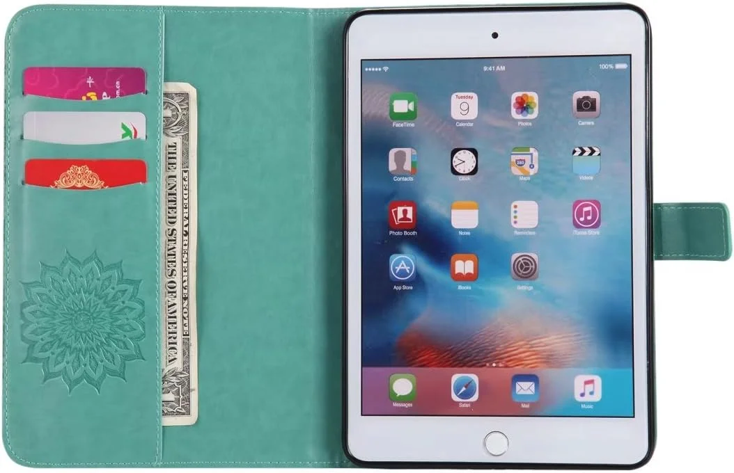 کیف چرمی تاشو LEMORRY مناسب آیپد مینی 4 اپل، محافظ باریک با ضربه گیر، بند مغناطیسی، استند، جای کارت، پوشش محافظ TPU نرم، طرح شکوفه (سبز)