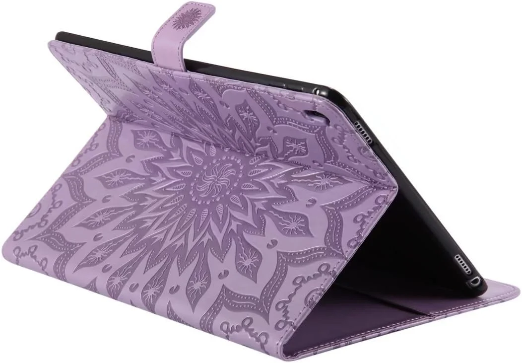 کیف چرمی تاشو LEMORRY برای آیپد پرو 9.7 اینچی، محافظ باریک و ضربه گیر با بند مغناطیسی، استند و جای کارت، پوشش محافظ TPU نرم برای تبلت اپل آیپد پرو 9.7 اینچی، طرح شکوفه (بنفش)