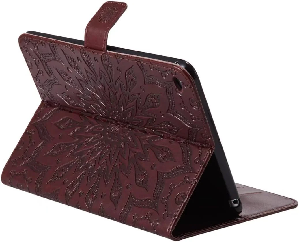 کیف چرمی تاشو LEMORRY برای آیپد مینی 4 اپل، محافظ باریک و ضربه گیر با بند مغناطیسی، استند و جای کارت، پوشش TPU نرم، طرح شکوفه (قهوه ای)