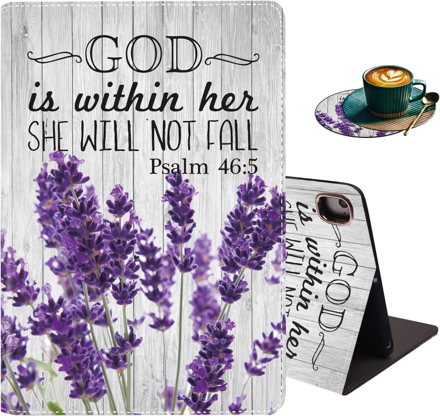 کیف تبلت FOKBVNFLL مناسب برای آیپد مینی 5/مینی 4، کاور تبلت آیپد مینی 3/2/1، کاور هوشمند با قابلیت تنظیم زاویه و بیدار/خواب خودکار برای آیپد مینی نسل 5/4 اینچی 7.9 اینچی اپل - بنفش اسطوخودوس Psalm 46:5 (همراه با زیر لیوانی)