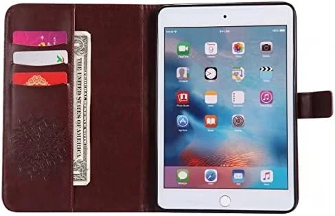 کیف چرمی تاشو LEMORRY برای آیپد مینی 4 اپل، محافظ باریک و ضربه گیر با بند مغناطیسی، استند و جای کارت، پوشش TPU نرم، طرح شکوفه (قهوه ای)