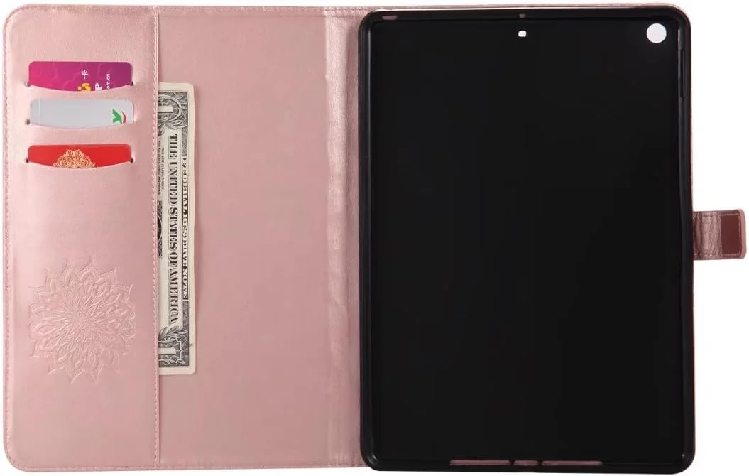 کیف چرمی محافظ تبلت اپل آیپد 9.7 (2017) LEMORRY، کیف پول تاشو، محافظ باریک، ضربه گیر، بند مغناطیسی، استند، جای کارت، پوشش نرم TPU، طرح شکوفه (رزگلد)