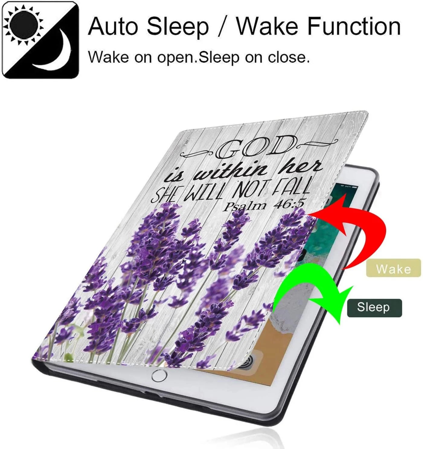کیف تبلت FOKBVNFLL مناسب برای آیپد مینی 5/مینی 4، کاور تبلت آیپد مینی 3/2/1، کاور هوشمند با قابلیت تنظیم زاویه و بیدار/خواب خودکار برای آیپد مینی نسل 5/4 اینچی 7.9 اینچی اپل - بنفش اسطوخودوس Psalm 46:5 (همراه با زیر لیوانی)