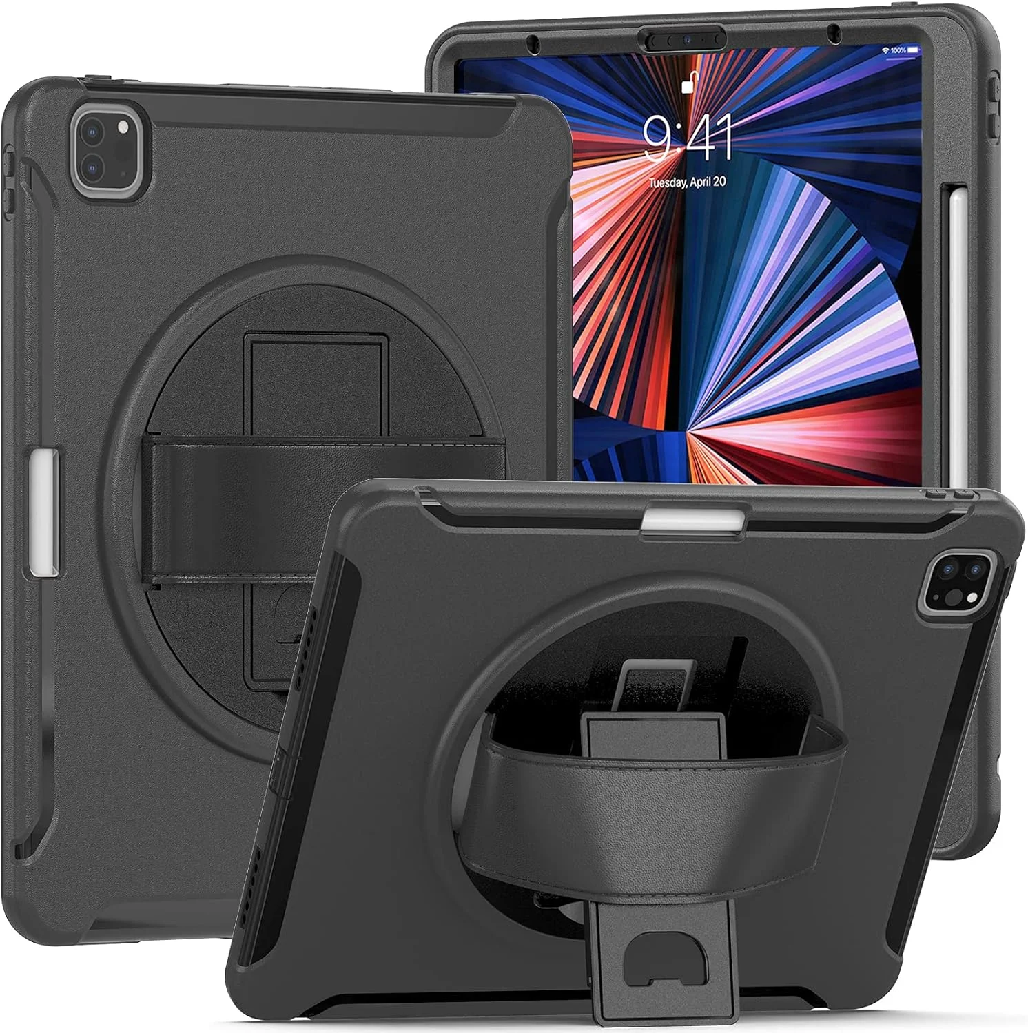 کاور تبلت ZOMUN برای آیپد پرو 12.9 اینچ (نسل 3/4/5/6)، محافظت ناهموار ضد ضربه هیبریدی، پایه چرخان 360 درجه، بند دستی، نگهدارنده قلم اپل