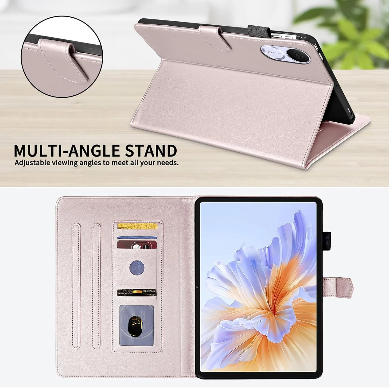 کیف چرمی تبلت Gruattreay سازگار با Honor Pad V9 11.5 اینچ (ROL-W00)، کیف استند PU و TPU با جای کارت، ضد ضربه، باریک (رزگلد)