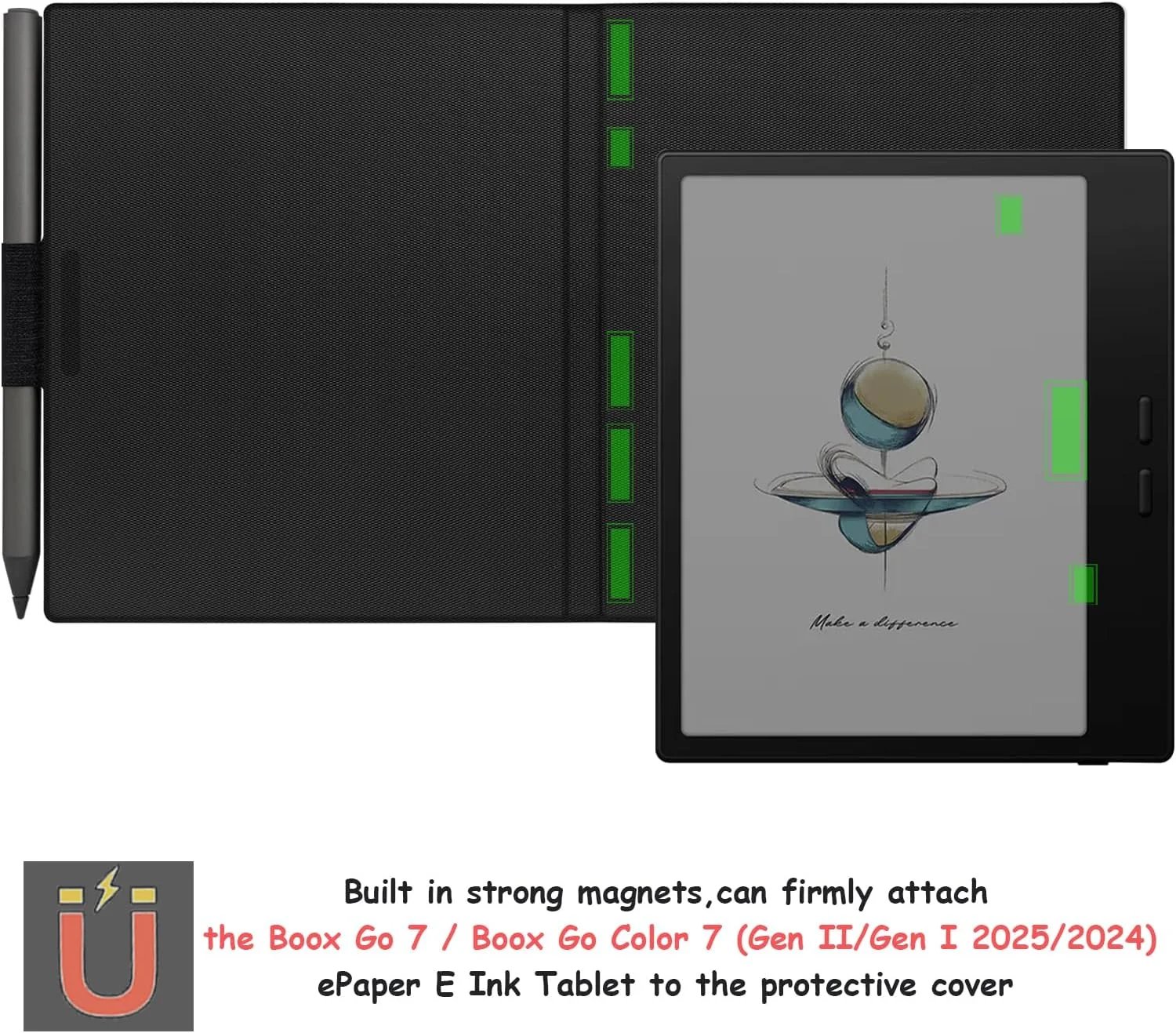 کیف چرمی مغناطیسی GOVTVA برای تبلت 7 اینچی Boox Go Color 7 (نسل دوم/نسل اول 2025/2024) / Onyx Boox Go 7، پوشش فوق العاده نازک و سبک با قابلیت خواب/بیدار شدن خودکار، دارای نگهدارنده قلم و بست مغناطیسی (مشکی پارچه ای)