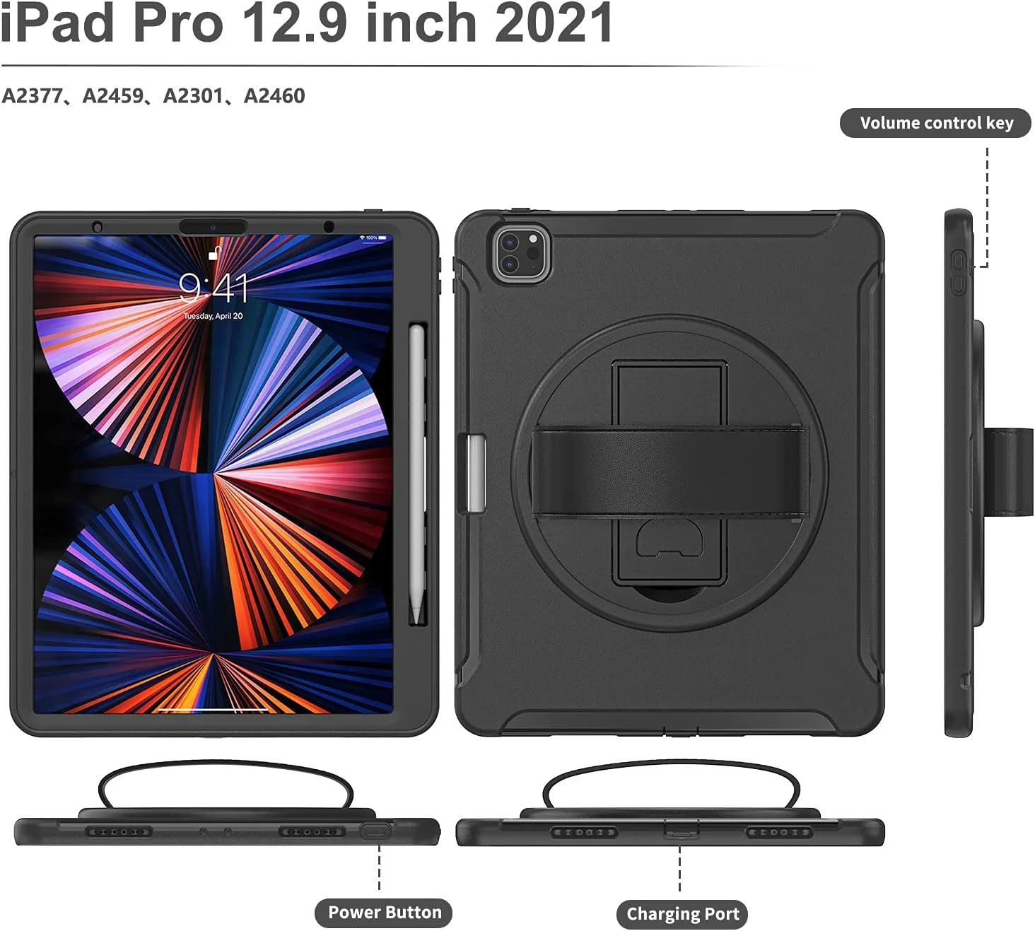 کاور تبلت ZOMUN برای آیپد پرو 12.9 اینچ (نسل 3/4/5/6)، محافظت ناهموار ضد ضربه هیبریدی، پایه چرخان 360 درجه، بند دستی، نگهدارنده قلم اپل