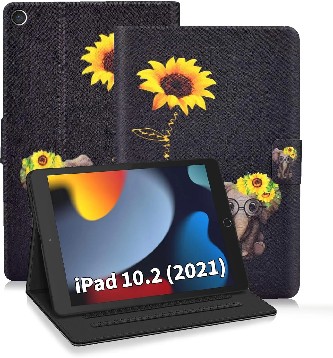 کاور کتابی ONETHEFUL مناسب برای آیپد 10.2 اینچی اپل 2021 2020 2019 / آیپد ایر 3 10.5 اینچی 2019 / آیپد پرو 10.5 اینچی 2017، کاور محافظ چرمی PU برای تبلت با پایه، طرح گل های بابونه و فیل