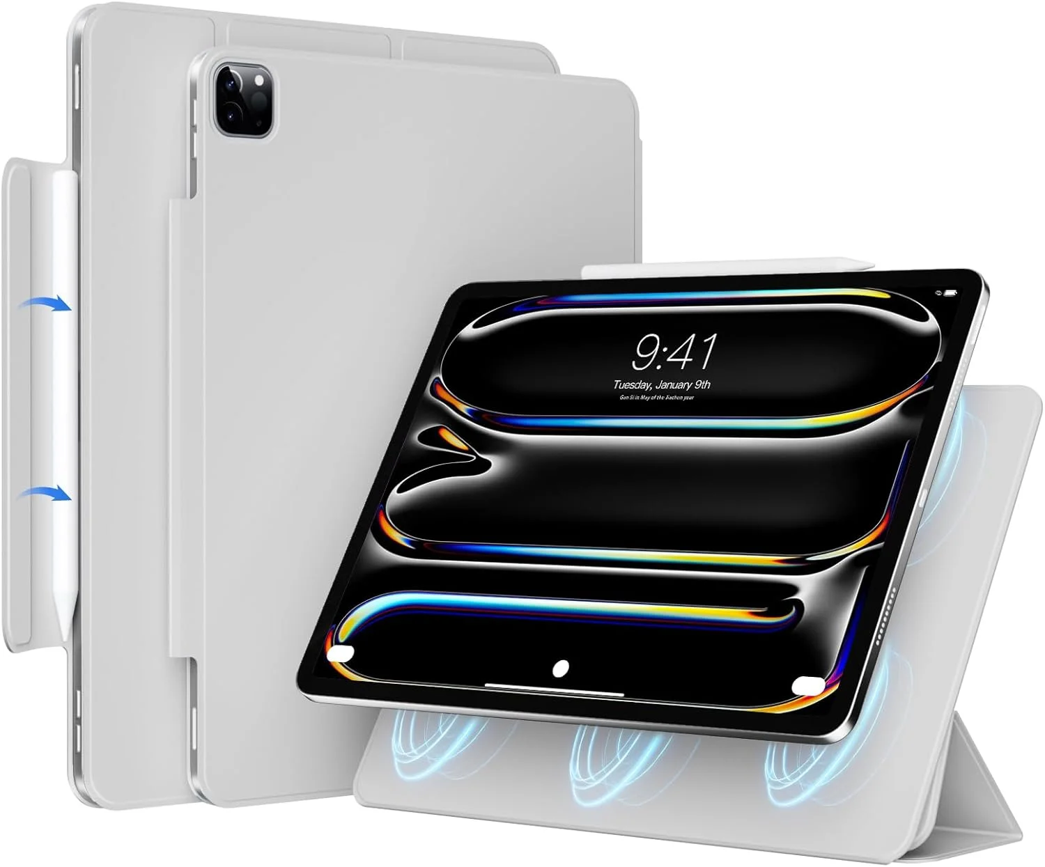 JKSML Magnetic Case for iPad Pro 13 Inch M4 2024, Thin Triple Foldable Stand Case Supports Pencil Pro/USB-C, Auto Sleep/Wake, Non-Slip and Scratch-Resistant PU Leather, Grey