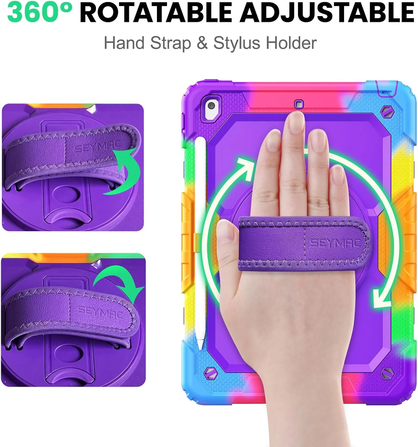 کیف محافظ کودکانه SEYMAC مناسب برای آیپد نسل 9/8/7، کیف آیپد 10.2 اینچی با محافظ صفحه نمایش، بند چرخشی دستی/پایه، جای مداد، ضد ضربه آیپد 9/8/7 مدل 2021/2020/2019، بنفش رنگارنگ