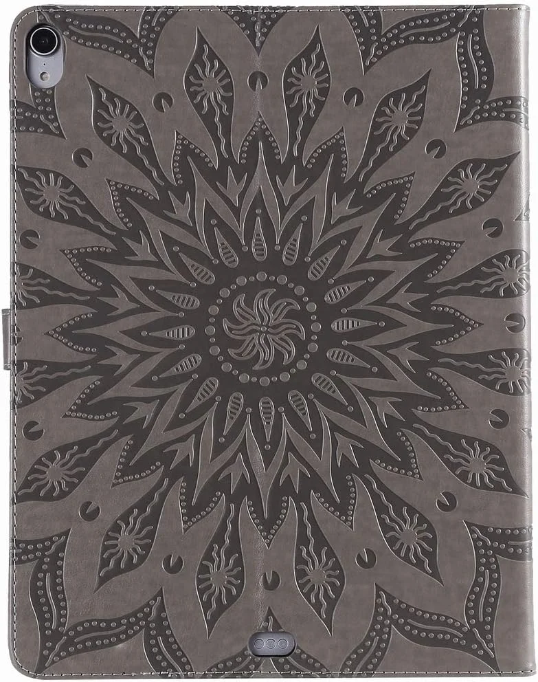 کیف چرمی محافظ تبلت LEMORRY برای آیپد پرو 12.9 اینچ 2018، کیف پول تاشو با محافظ باریک و ضربه گیر، پایه مغناطیسی و پوشش TPU نرم، طرح شکوفه (خاکستری)