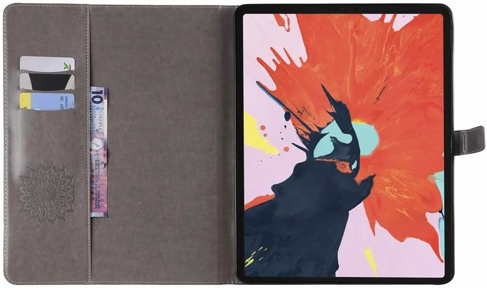کیف چرمی محافظ تبلت LEMORRY برای آیپد پرو 12.9 اینچ 2018، کیف پول تاشو با محافظ باریک و ضربه گیر، پایه مغناطیسی و پوشش TPU نرم، طرح شکوفه (خاکستری)