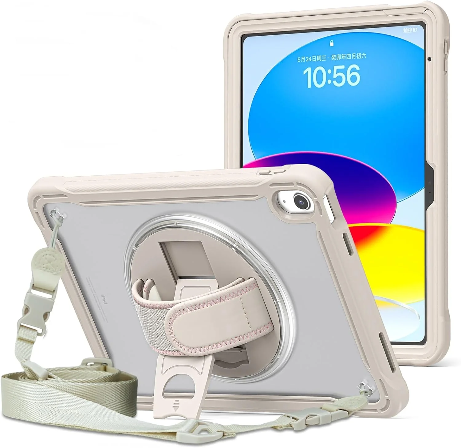 کاور ProElite برای Apple iPad نسل 10، کاور محافظ زرهی ضد ضربه مقاوم برای Apple iPad نسل 10 با دستگیره و پایه چرخان (پشت شفاف) با بند شانه، خاکی