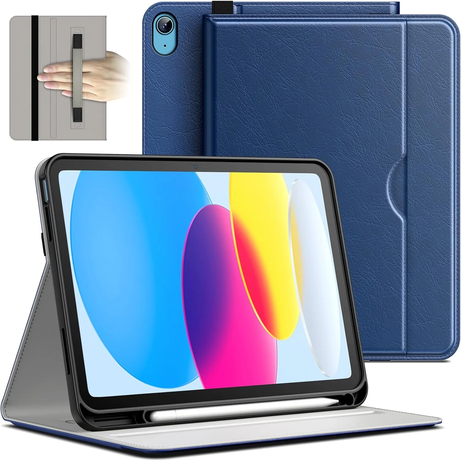 JETech Case for iPad (A16) 11th/10th Generation (2025/2022), PU Leather Business Folio Protective Tablet Cover with Pencil Holder & Pocket, Multi-Angle Viewing (Navy)
