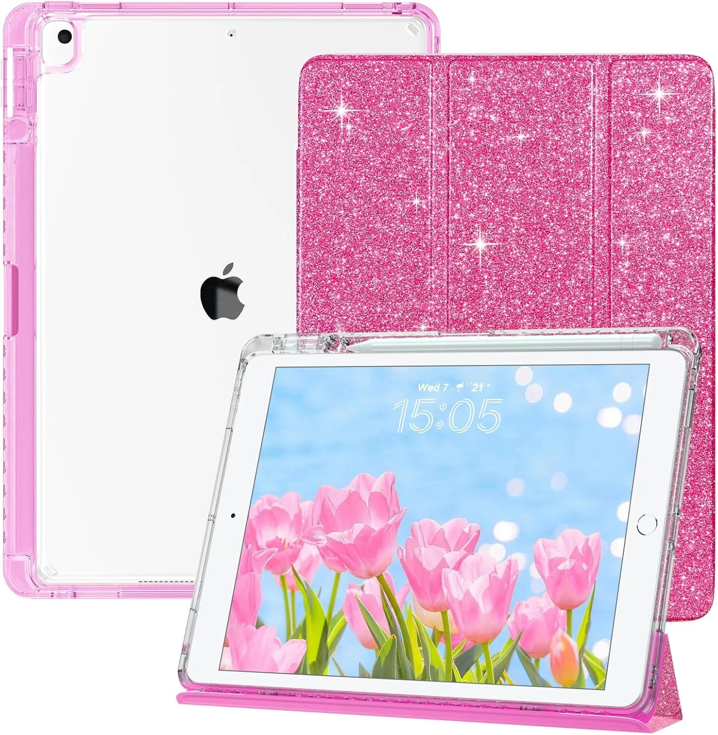 کیف آیپد نسل نهم VENINGO، کیف آیپد نسل هشتم/هفتم، کیف آیپد 10.2 اینچ 2021/2020/2019، پشت شفاف اکلیلی با نگهدارنده مداد، پشتیبانی از حالت استند و خواب/بیدار شدن خودکار، کاور محافظ تبلت، صورتی جیغ