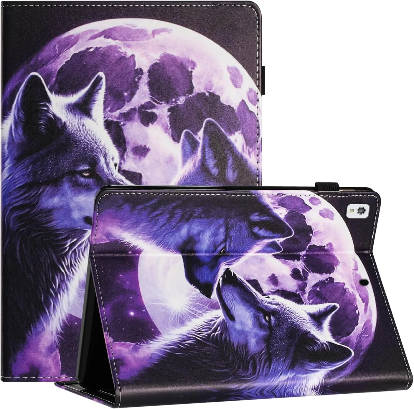 کاور تبلت کتابی ONETHEFUL برای آیپد 10.2 اینچ 2021 2020 2019 / آیپد ایر 3 10.5 اینچ 2019 / آیپد پرو 10.5 اینچ 2017، کاور محافظ تبلت چرمی PU با قابلیت استند - طرح گرگ ستاره ای