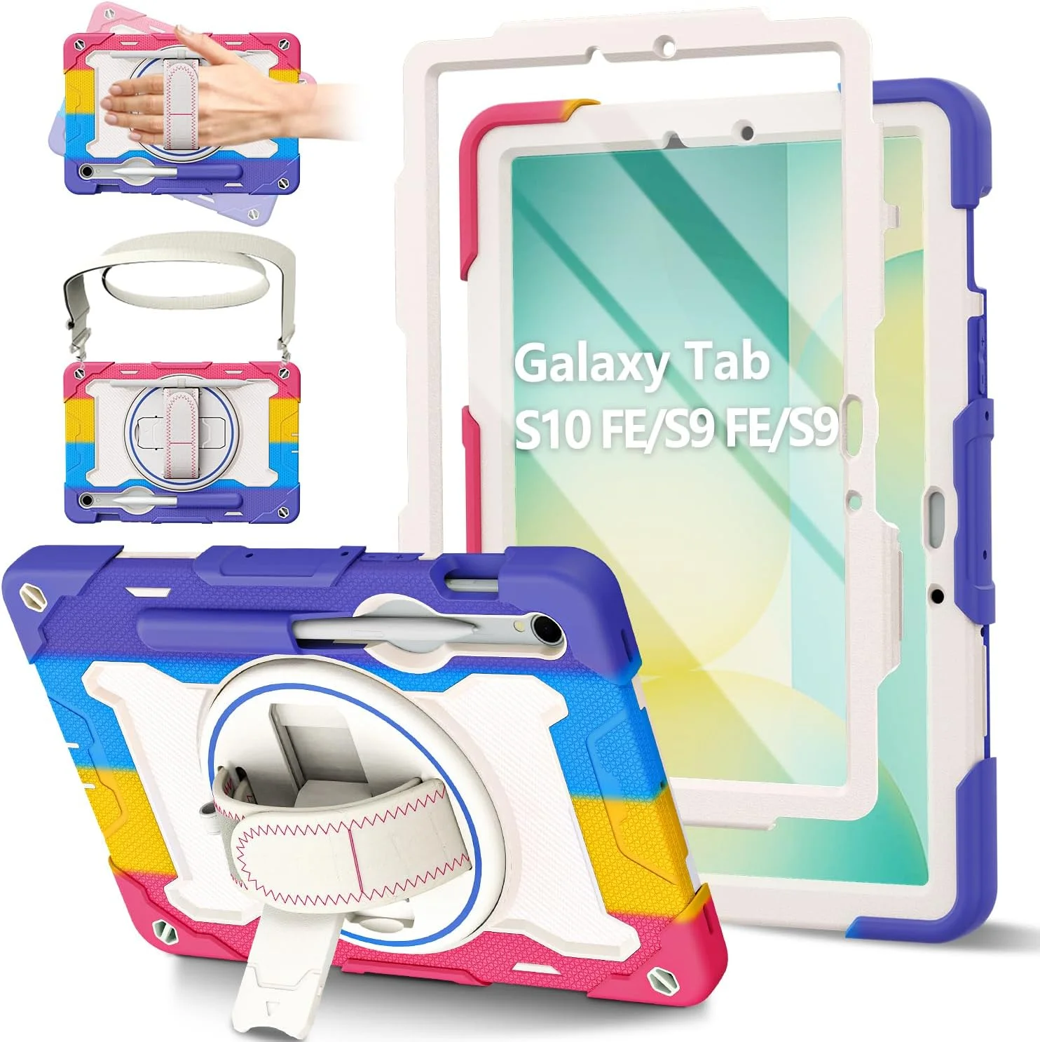 کاور ROSROME برای تبلت سامسونگ گلکسی تب S10 FE / S9 FE 10.9 اینچی / S9 11 اینچی به همراه محافظ صفحه نمایش HD، کاور تبلت ضد ضربه و مقاوم مناسب کودکان با استند چرخان 360 درجه / بند شانه / جای مداد، صورتی