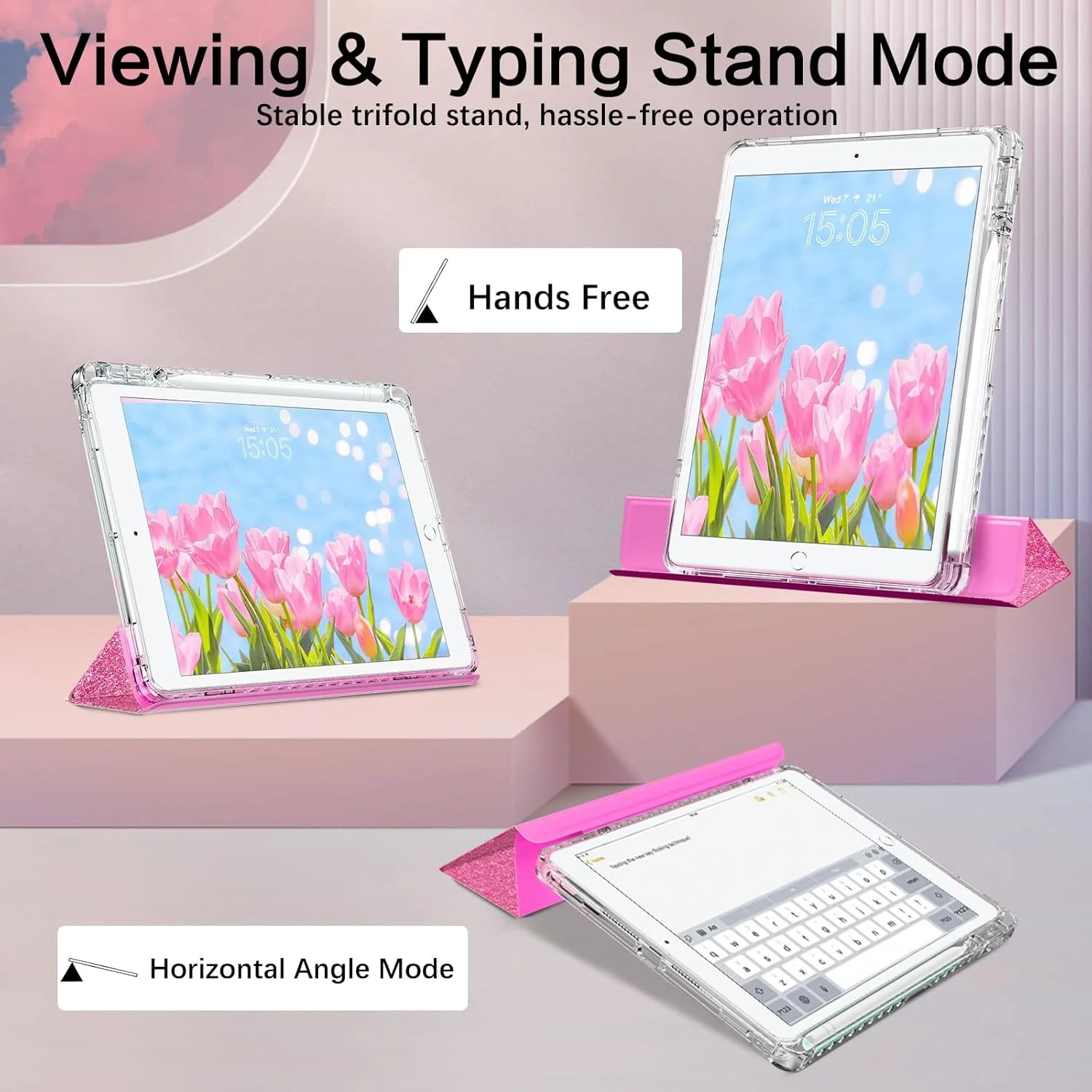 کیف آیپد نسل نهم VENINGO، کیف آیپد نسل هشتم/هفتم، کیف آیپد 10.2 اینچ 2021/2020/2019، پشت شفاف اکلیلی با نگهدارنده مداد، پشتیبانی از حالت استند و خواب/بیدار شدن خودکار، کاور محافظ تبلت، صورتی جیغ