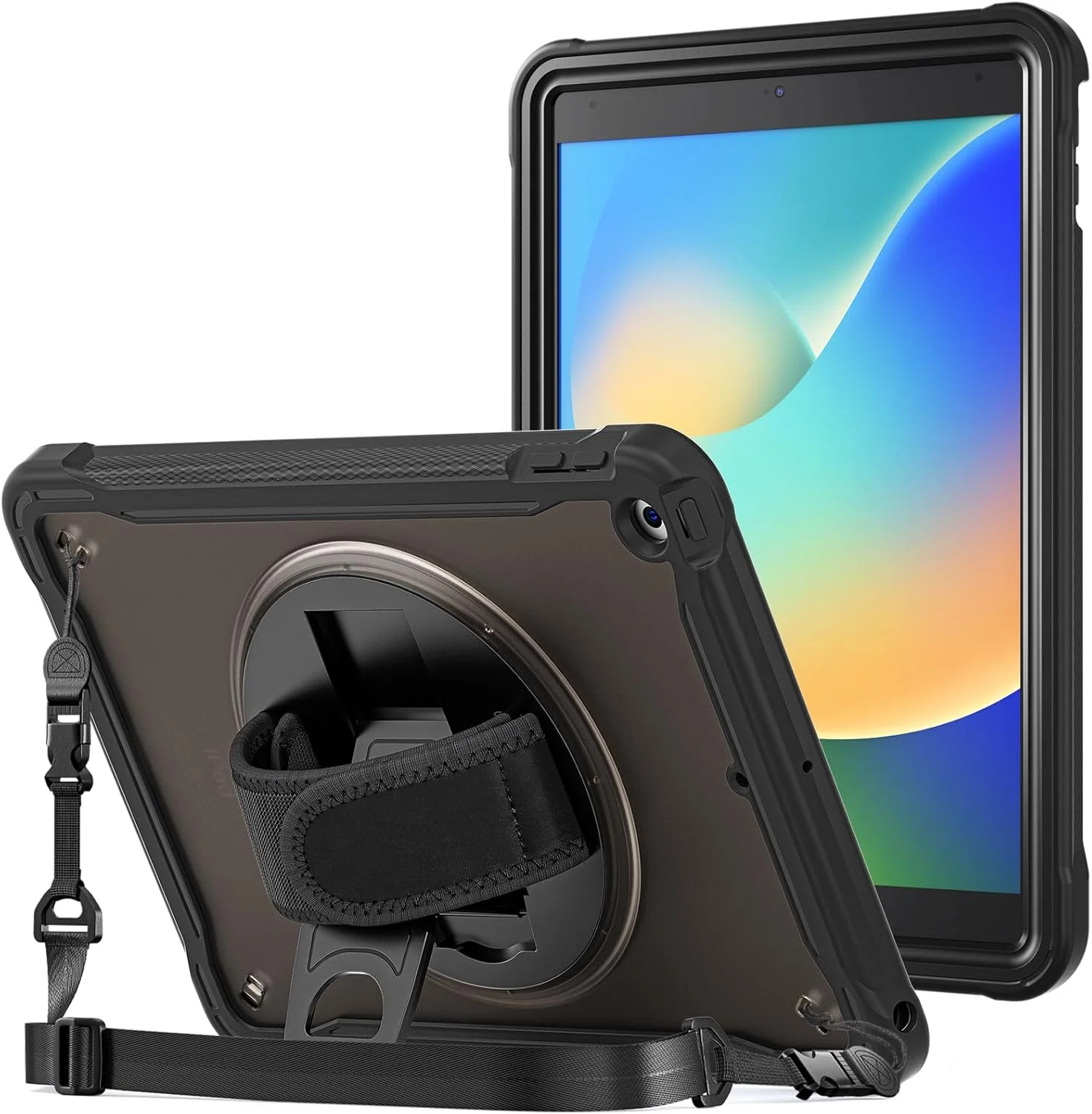 کیف محافظ مقاوم ProCase برای آیپد نسل 9/8/7 اینچ 10.2 اینچ 2021/2020/2019، پوشش مقاوم در برابر ضربه با بند دستی، پایه چرخان 360 درجه، محافظ برای آیپد 10.2 - مشکی