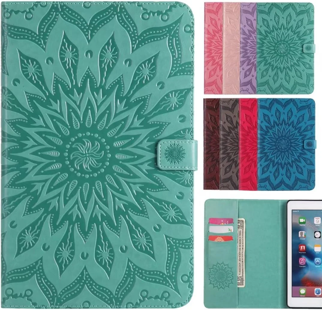 LEMORRY Apple iPad 9.7 (2017) Case Leather Flip Wallet Pouch Slim Fit Bumper Protection Magnetic Strap Stand Card-Slot Soft TPU Tablet PC Holster Cover for Apple iPad 9.7 (2017), Blossom (Green)
