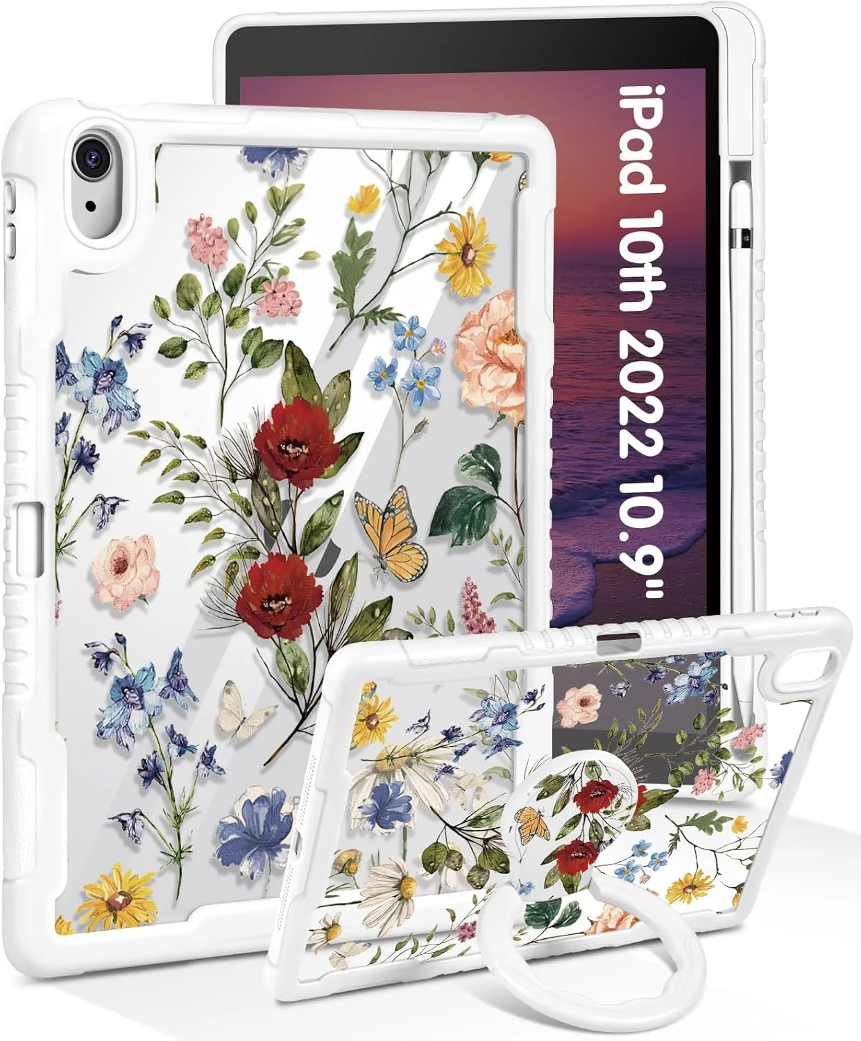 Uppuppy for iPad 10th Generation Case 2022 10.9 Inch, for iPad A16 Case 11th Generation 11 Inch 2025 - Women Cute Girls with Pencil Holder & Stand Clear Girly Flower Floral Protective Hard Cover