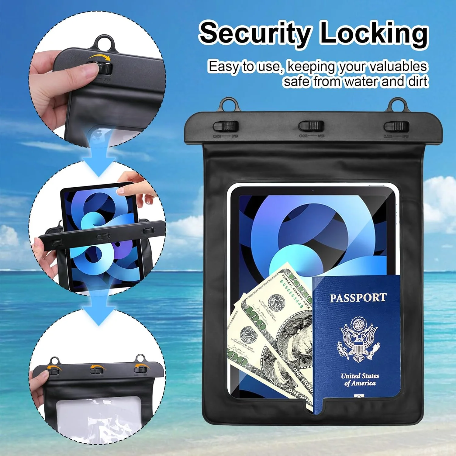 کیف ضد آب شفاف تبلت برای آیپد، سامسونگ، هواوی، کیف محافظ مقاوم در برابر آب برای آیپد 9 8 7، آیپد ایر 2، هواوی MediaPad T3، تبلت های سامسونگ گلکسی تا 10.2 اینچ (مشکی)