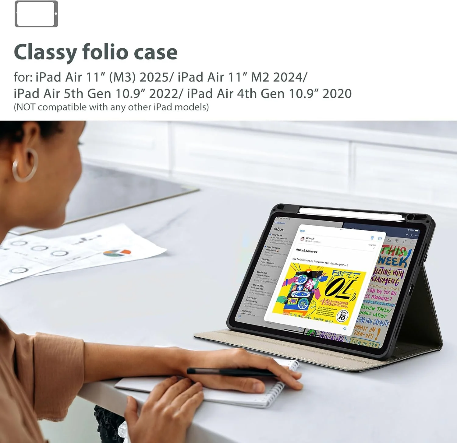 کیف چرمی ProCase برای آیپد ایر 11 اینچی (M3) 2025/(M2) 2024، آیپد ایر نسل 5/4 10.9 اینچی، کاور استند تجاری چرمی PU با قابلیت تنظیم زاویه دید، فولیو هوشمند با قابلیت خواب/بیدار شدن خودکار و جای قلم - مشکی