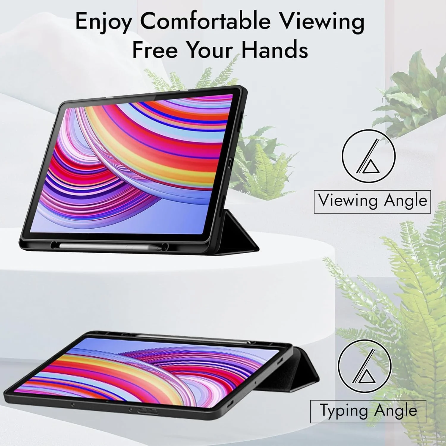 کاور تاشو سه لایه Muzz مناسب برای تبلت ردمی پد پرو 5G سایز 12.1 اینچ، دارای حالت خواب و بیدار شدن خودکار، به همراه جای قلم (مشکی)