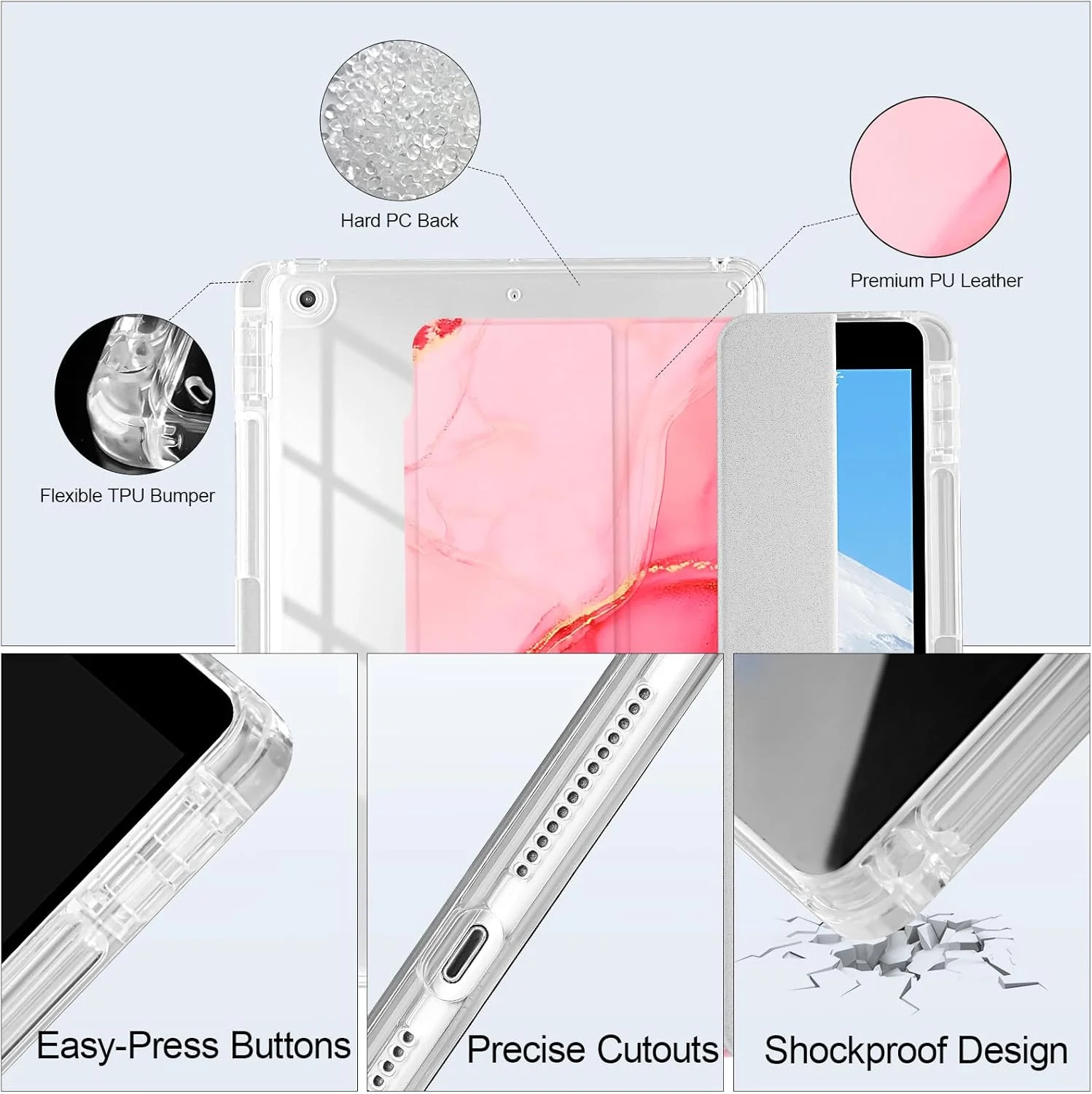 کاور محافظ تاشو Azmyeuo برای آیپد نسل 9/8/7 اینچ 10.2 اینچی با [نگهدارنده مداد][حالت بیدار/خواب خودکار][پشت شفاف] برای آیپد 10.2 اینچی 2021/2020/2019، کاور آیپد 10.2 (مرمر صورتی)