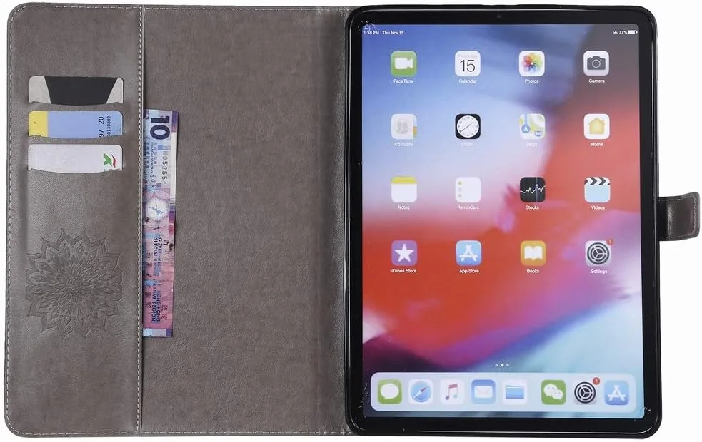 کیف چرمی تاشو LEMORRY برای Apple iPad Pro 11 اینچ 2018، کیف پول چرمی، محافظ باریک، پایه مغناطیسی، روکش TPU نرم، طرح شکوفه (خاکستری)