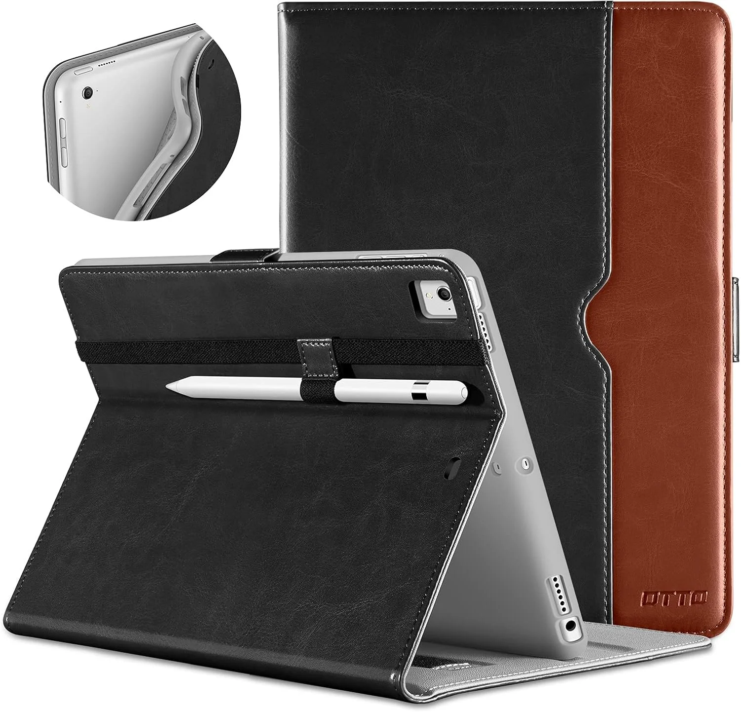 کیف چرمی DTTO برای آیپد 9.7 اینچی نسل 5/6 (2018/2017) با نگهدارنده قلم اپل، کیف کلاسوری چرمی ممتاز برای آیپد 9.7 اینچی اپل، مناسب برای آیپد پرو 9.7/ایر 2/ایر - قهوه ای مشکی