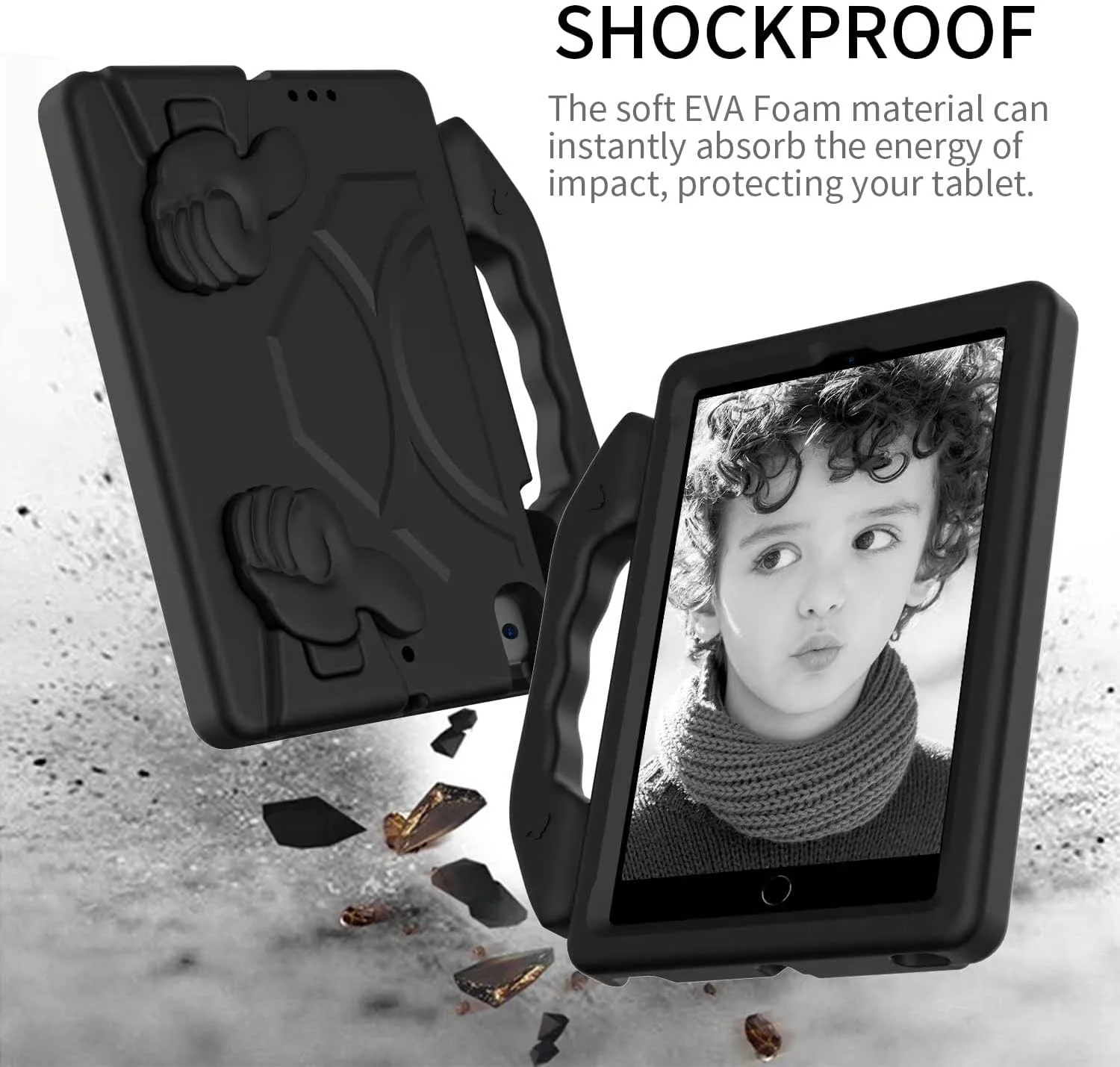 کیف محافظ کودکانه Chstls برای آیپد مینی/مینی 2/مینی 3/مینی 4/مینی 5 اپل، کاور سبک وزن EVA بادوام و ضد ضربه با دسته و پایه تاشو برای آیپد مینی 7.9 اینچی - مشکی