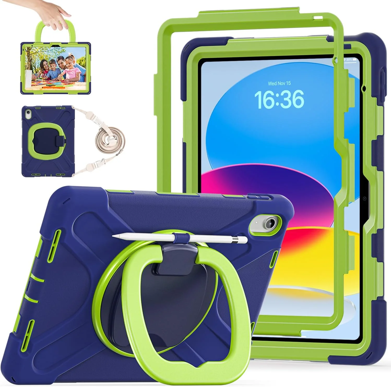 کاور LX-SUNCX مناسب برای آیپد نسل 11 اینچ 11" (A16) سال 2025، آیپد نسل 10 اینچ 10.9" سال 2022، کاور ضد ضربه برای کودکان به همراه محافظ صفحه نمایش، استند چرخشی، جای قلم، بند شانه (آبی دریایی + لیمویی)